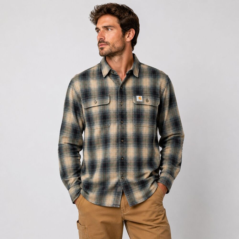 Carhartt Brown Plaid Heavyweight Flannel Shirt Large Tall - Picture 3 of 9